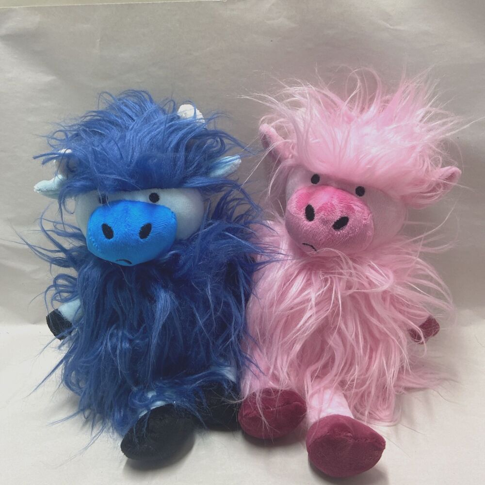 Furry Cow Plush Lot of 2 Pink and Blue 14 inch